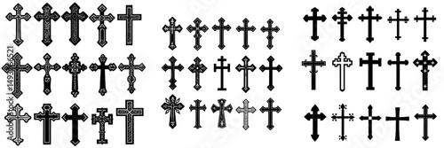 Twenty-five distinct heraldic crosses are showcased in a modern illustration on a white background