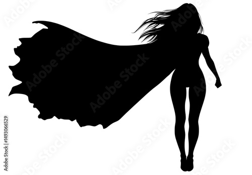 In modern illustration, a female superhero is illustrated in silhouette, wearing a cape and assuming dynamic action poses