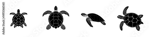 A contemporary flat black shape of a sea turtle swimming is set against a white background in isolation