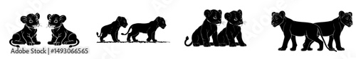 Image of young lions in black silhouette on a white background, representing an isolated icon of a wild cat from Africa