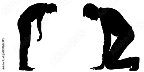 On a white background, a black silhouetted man is captured standing in a stooped posture