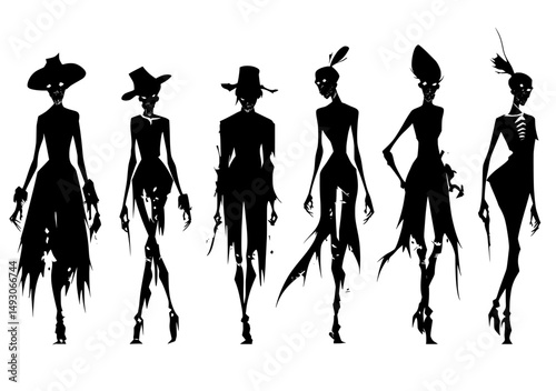 A silhouette collection of people brought back from the dead features a female zombie in a standing pose, reaching out with its hand, in full length