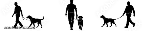 A contemporary image of a man strolling with his dog on a leash set against a white background, representing the bond between animals and their owners as pets and friends during a walk