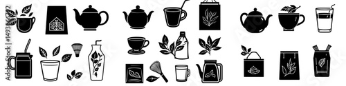 Icons of black tea leaves are depicted, along with a hot drink cup, cold iced tea, and a steaming teapot, as well as a pictogram, and logotypes for organic herbal or mint teas, an eco-friendly leaf