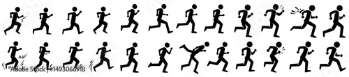Modern pictogram of a stick figure runner in a sprinter sequence, represented as a low-starting, speeding man sign symbol with a distinctive posture and silhouette on a white background