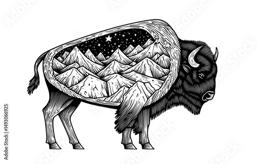 American bison double exposure vintage stamp illustration symbolizes backpacking in the United States of America
