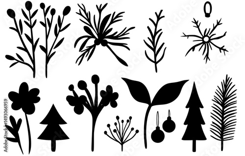 This Christmas graphic set is elegant and features an assortment of hand-drawn plants, flowers, spruce branches, leaves, and berries