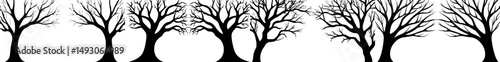 A contemporary illustration featuring eerie, bare, black trees set against a white backdrop, ideal for Halloween-themed designs with space for custom text
