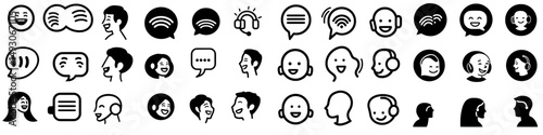Modern communication is represented by symbols such as speaking faces, talk icons, and voice control buttons that signify advanced speech technology