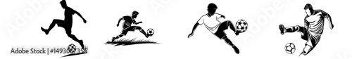 A football player is depicted kicking a ball in a continuous line art drawing style, set against a white background as a modern illustration of a soccer game in black linear sketch