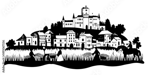 The historic life of medieval people, including poor villagers and farmers, is illustrated in a modern cartoon depiction of peasants working in a field with a horse and old European buildings