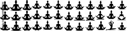 Modern illustration of a set of cartoon silhouette black meditation people signs icons