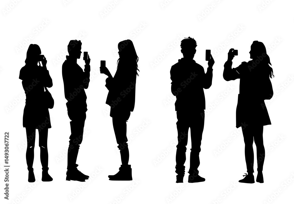 Tourists taking photos in silhouette form, along with modern individuals on a white background and various isolated male and female illustrations