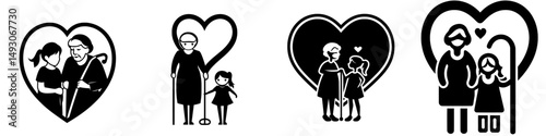 A grandmother and granddaughter are embracing, symbolizing family bonds on a special day, depicted in a silhouette icon
