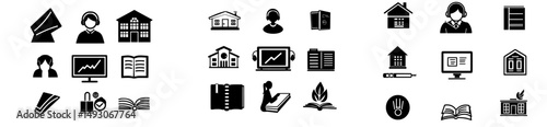 Online learning is represented through flat icons, such as internet, video, and audio symbols, used for personal study in schools, colleges, and university training