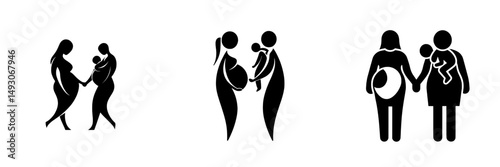 The illustration of a happy family, including a mother, father, and son, is depicted in a modern style as a solid family icon with parents and child silhouettes, suitable for use as an insurance