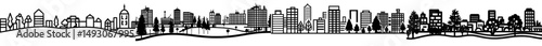 The modern cityscape is depicted in a continuous line drawing of modern architecture, showcasing a panoramic metropolis landscape with New York skyscrapers and hand-drawn silhouettes of apartment