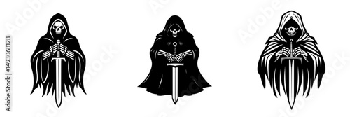Modern illustration of a grim reaper character with a sword in black and white