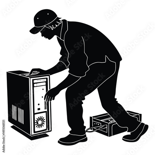 Technician in silhouette is working on a computer, possibly for repair