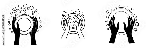 Modern isolated illustration of a housewife doing traditional housework, specifically washing dishes, represented by a black glyph icon on a white background