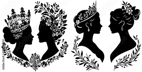A black and white modern silhouette portrait features a medieval fairy tale queen or princess surrounded by rose flowers and a butterfly