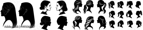 A woman's profile silhouette is depicted with various hairstyles, showcasing a female portrait with a beautiful face in profile