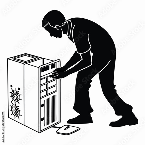 Technician opening a desktop computer case for maintenance or repair work