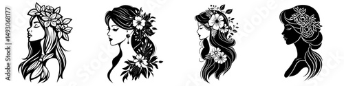 A woman's head surrounded by flowers is a composition created in a modern hand-drawn line-art style with a one-line drawing technique