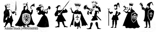 A modern illustration set featuring medieval people characters, including a herald, a king in a mantle, and a blacksmith