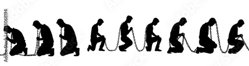 Modern male slave figure with chain depicted in silhouette on a white background