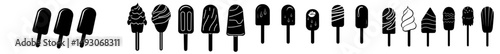 A set of black ice cream glyphs featuring chocolate, vanilla, and fruit flavors, along with cartoon cones and kawaii icons, is part of a summer collection of sweet treats and splashes, including