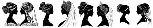 A beautiful woman's head is showcased in a modern black and white silhouette set, featuring an elegant bride profile portrait adorned with rose flowers and a long veil