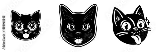 The image features a black cat standing on a background filled with a multicolored rainbow, showing its tongue