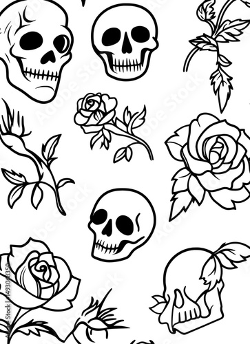 An eerie black and white illustration presents the skulls of star-crossed lovers cradling a heart, ornamented with blossoms, against a mystical and dreamlike background that resonates with Halloween