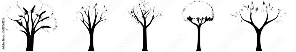 Obraz premium This modern illustration features a collection of icons, including trees and green elements like wood and leaves, in a flat style, used as nature-inspired graphic elements and eco symbols on a white