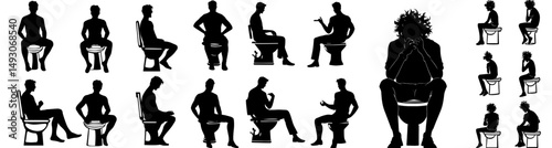 A young man is depicted sitting in a toilet bowl, shown in silhouette form against a white backdrop