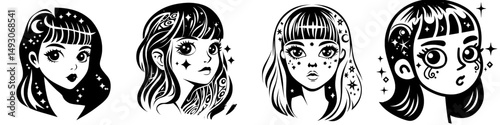 The illustration features a dark, witchy four-eyed lady in a tattoo art style, set against a holographic background, evoking pastel goth vibes reminiscent of the 80-90s style
