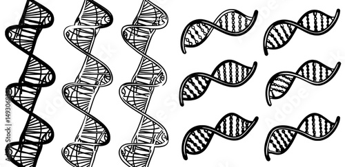 A modern set of icons related to biotechnology and medical science features silhouettes of gene strands, chromosome chain helices, and genetic code logos, all representing the structure of DNA