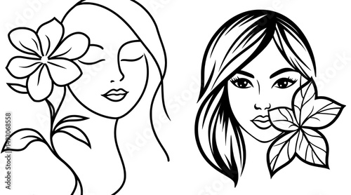 A modern line illustration of a woman's face with a flower is presented, suitable for logo design in beauty salons, cosmetics, health, and spas, emphasizing natural cosmetics through minimalist black