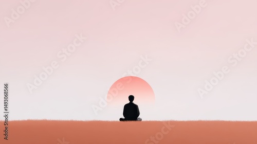 A serene figure sitting peacefully against a pastel sunset, embodying tranquility and mindfulness. This image captures a moment of introspection and connection with nature.