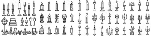A modern illustration of a candle holder is set against a white background, accompanied by a modern outline set icon of a candlestick and an isolated outline set icon of a candle holder