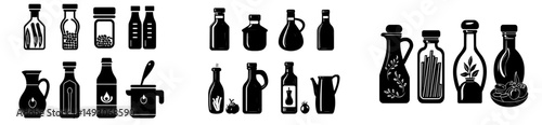 The modern illustration features flat icons representing sauces, including a jug, cup, vinegar, mayonnaise, ketchup, sour cream, cheese sauce, and a glyph silhouette pictogram for food spice, all in