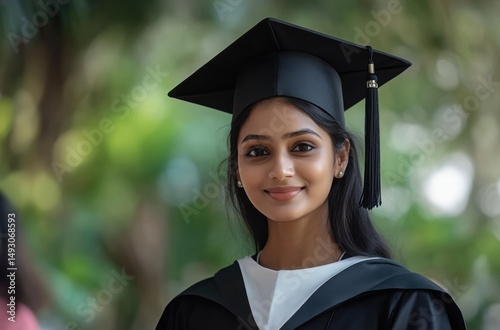 Graduation portrait of a fair-skinned Indian woman with black hair, dressed in a black academic robe and cap