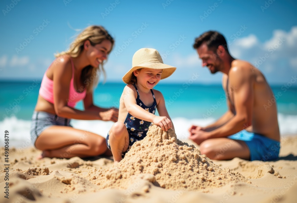 Family enjoying a sunny day at the beach, building a sandcastle together Family enjoying a sunny day at the beach, building a sandcastle together