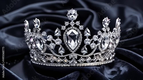 Diamond Silver Crown for Miss Pageant Beauty Contest, Crystal Tiara jewelry decorated gems stone and abstract dark background on black velvet fabric cloth, Macro,created with generative ai