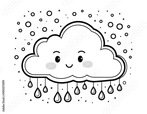 Happy Cloud with Raindrops, Easy Weather-Themed Coloring Page, Minimalist Black Line Art, White Background