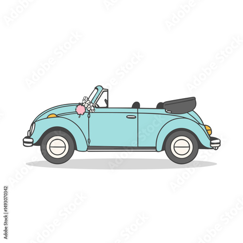 Vintage convertible car in pastel blue for wedding season concept  