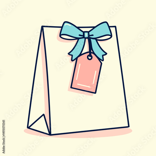 Wedding favor bag with tag and blue bow in pastel color scheme  