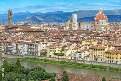 Elevated view of the historic center  of Florence with the Arno River. Florence, Italy photo