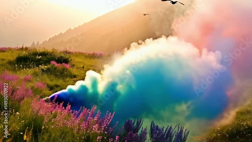 vibrant colorful smoke swirling through the dense jungle